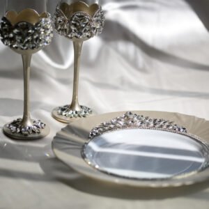Glory Classic handcrafted luxury wedding set featuring champagne gold flutes with crystal crown rim design, crystal-embellished bases, and matching handpainted plate with floral crystal accents
