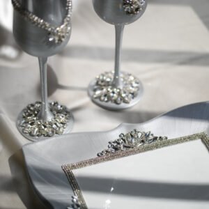 Majestic Classic handpainted luxury wedding set with hand-placed crystals featuring silver plate, crystal-embellished champagne flutes, and forks