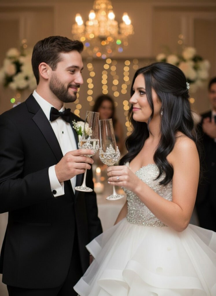 Bride in crystal-embellished ball gown and groom in tuxedo toasting with handcrafted crystal champagne flutes at elegant ballroom wedding reception
