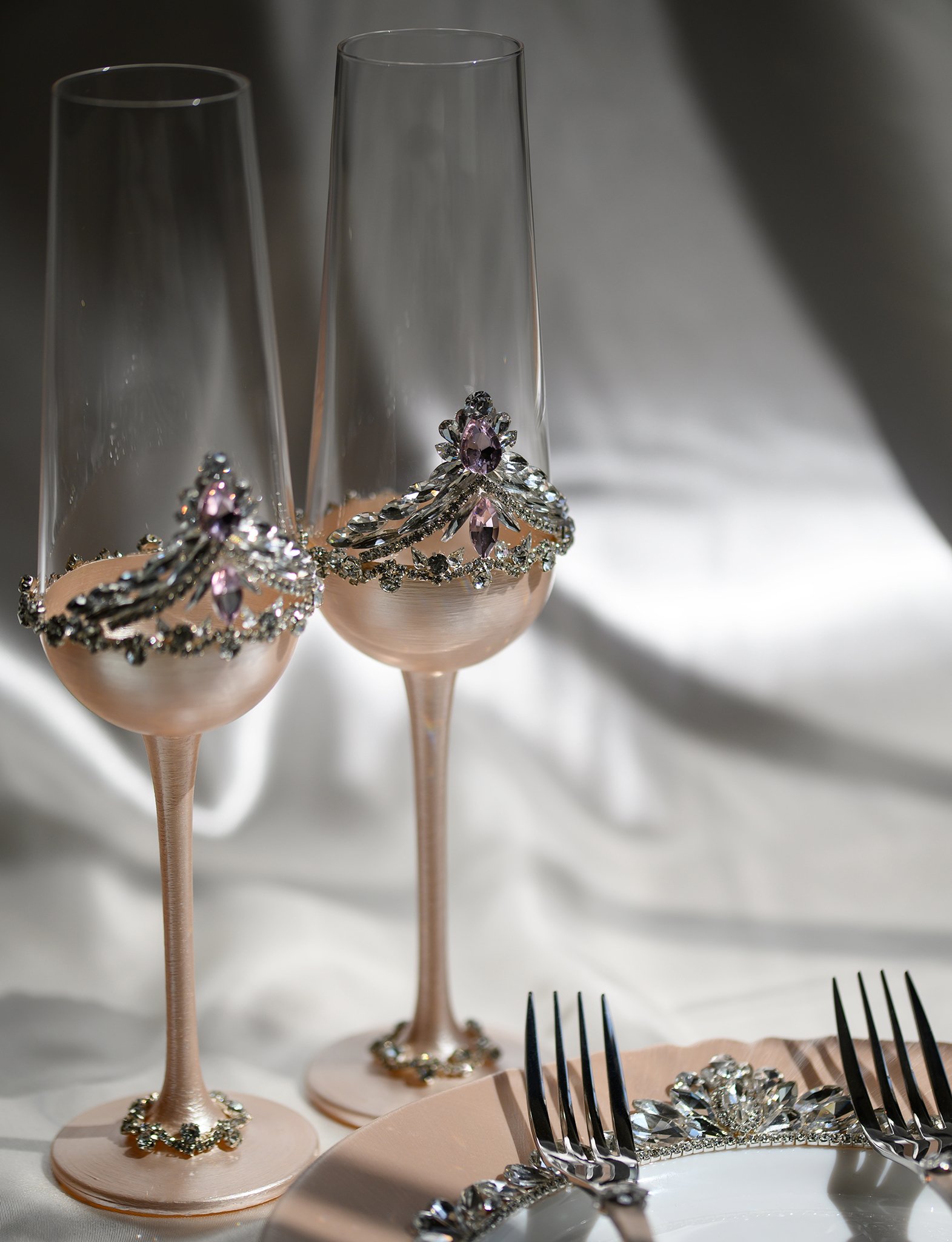 Grace Collection crystal wedding set featuring flowing wave-like crystal arrangements in customizable colors
