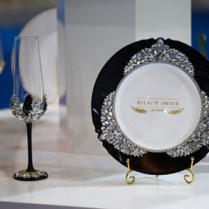 Imperial Classic handpainted luxury wedding set with hand-placed crystals featuring black plate, golden forks, and crystal-embellished champagne flutes