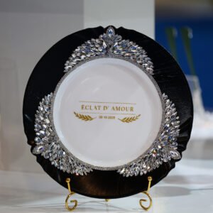 Imperial handpainted luxury wedding plate set with hand-placed crystals featuring elegant black plate with crystal embellishments and golden forks