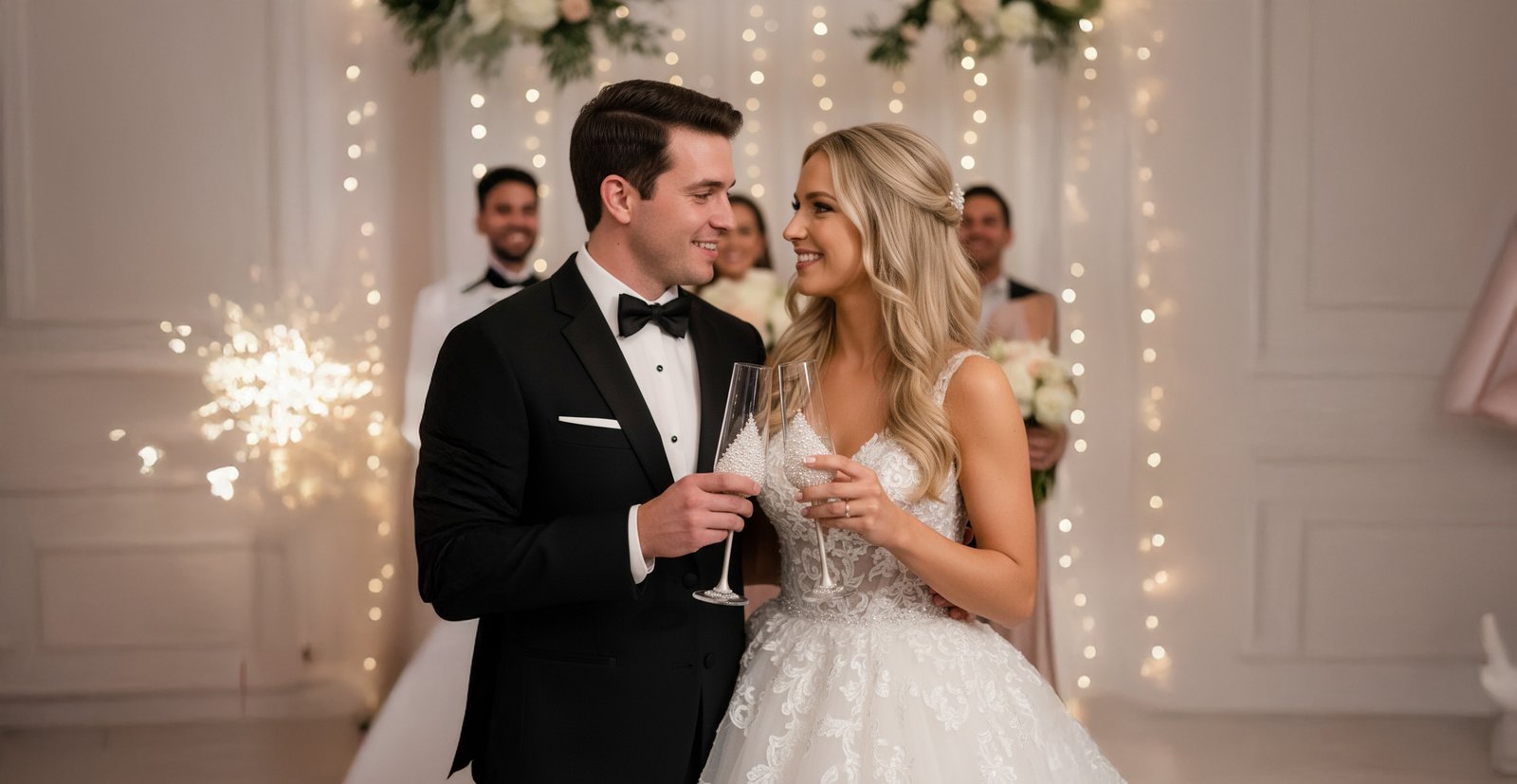 Pearl Collection handcrafted crystal wedding flutes with elegant pearl details and sparkling crystals